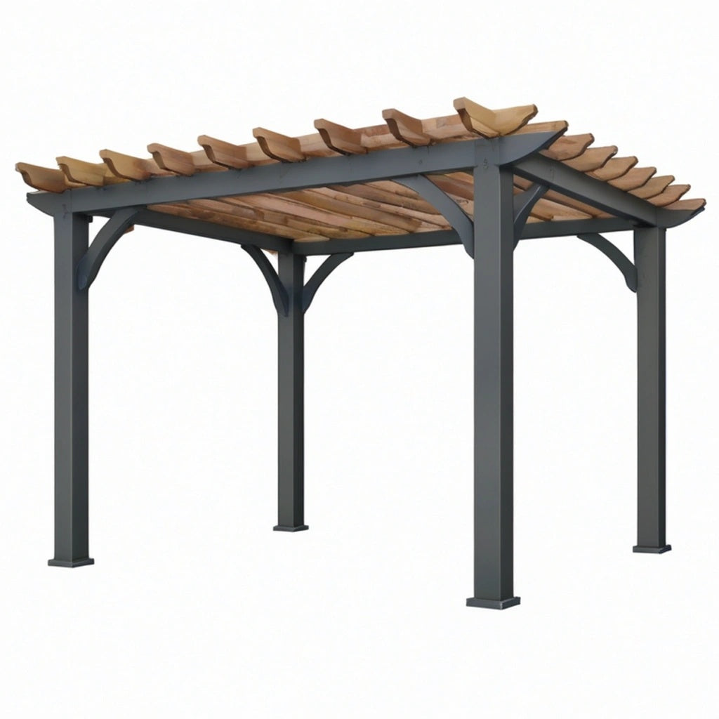 Pergola ogrodowa 300 x 300 x 240 cm z metalową ramą i drewnianymi listwami antracytowa brązowa
