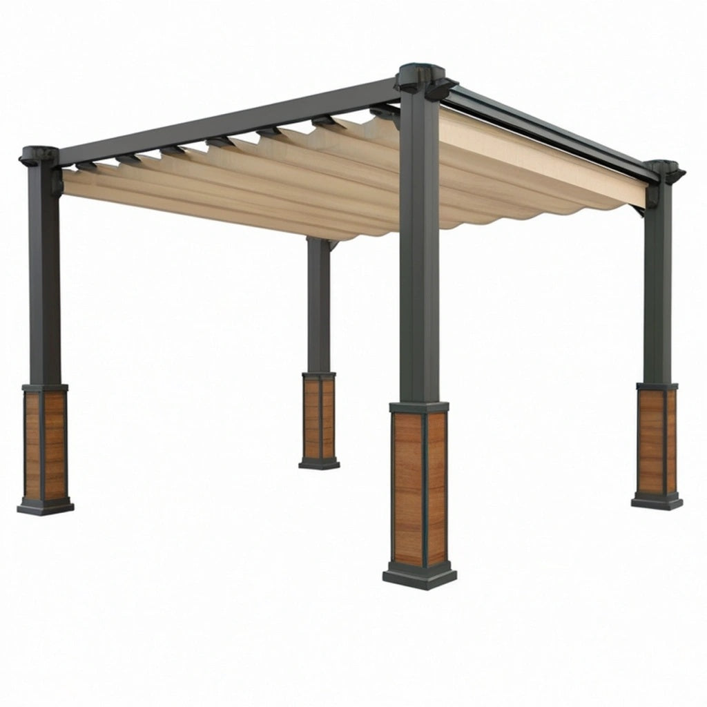 Pergola ogrodowa 300 x 300 x 230 cm z metalową ramą grafitowa beżowa z rozsuwanym zadaszeniem