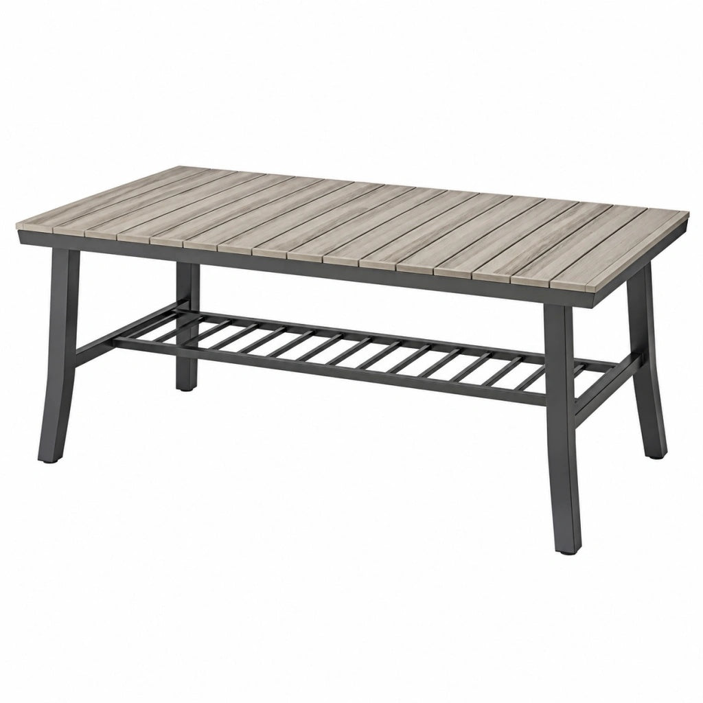 Stolik kawowy ogrodowy 120 x 60 x 45 cm z aluminiową ramą szaro czarny z dolną półką