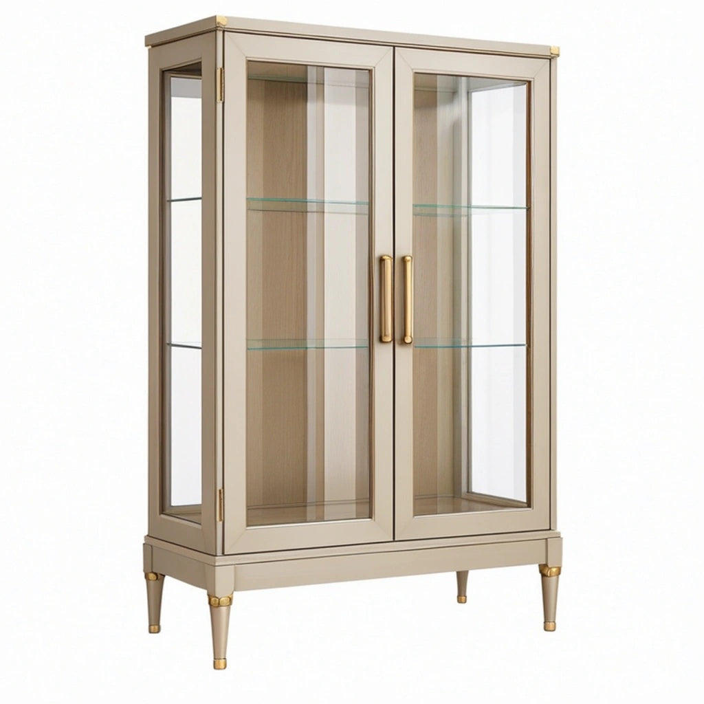 Witryna 90 x 40 x 170 cm z płyty drewnopochodnej beżowa ze szkłem do salonu w stylu klasycznym