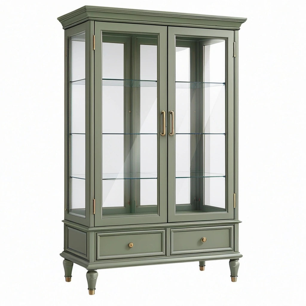 Witryna 100 x 45 x 190 cm zielona drewniana ze szklanymi drzwiami w stylu klasycznym
