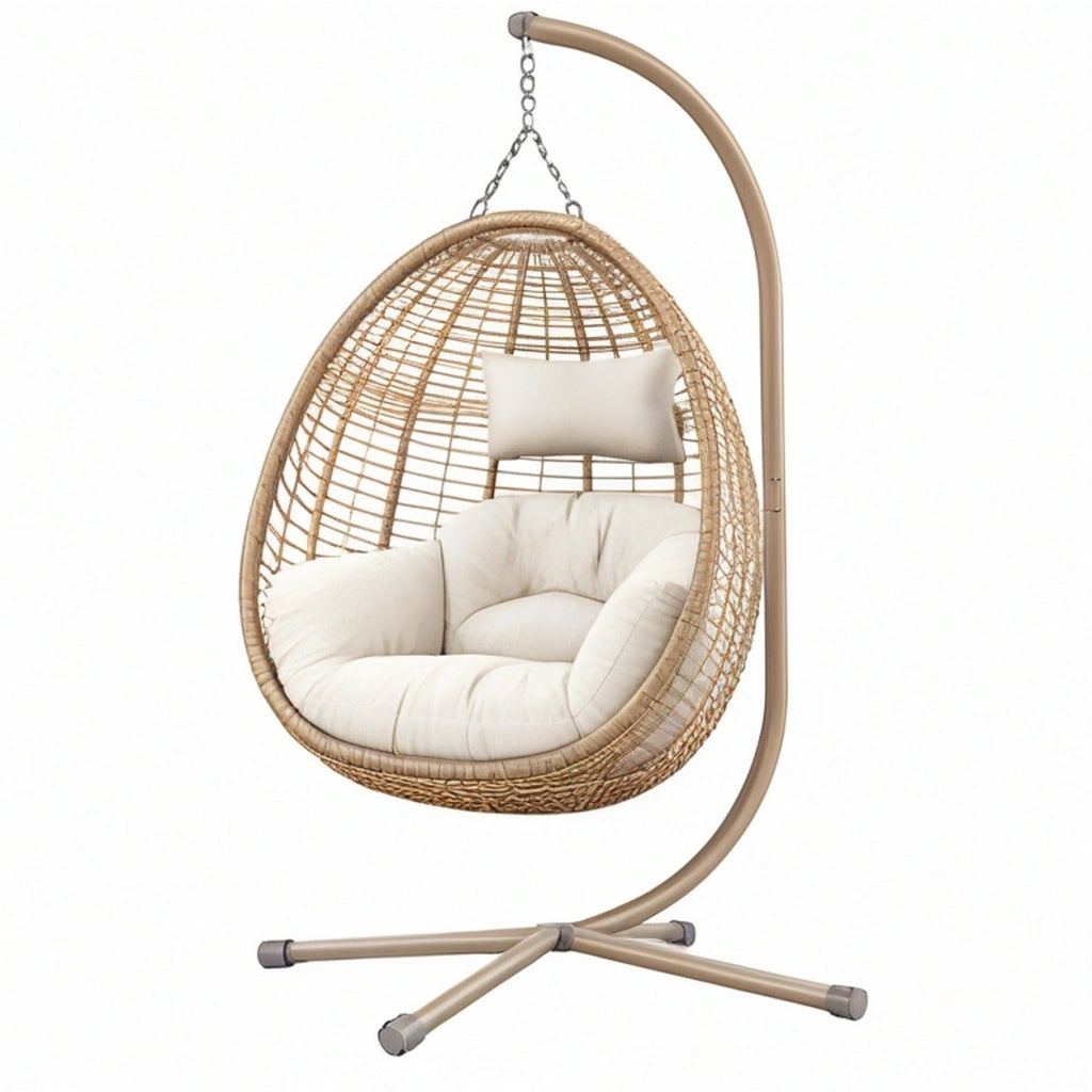Fotel wiszący 105 x 105 x 195 cm z plecionki beżowy z kremowym siedziskiem do relaksu